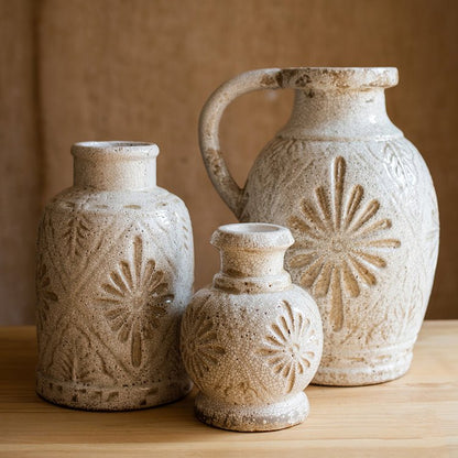 Carved Floral Vase in White - -