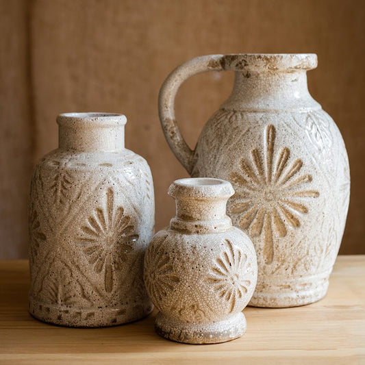 White Carved Floral Vase - - Vases