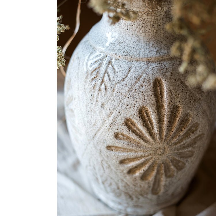 Carved Floral Vase in White - -