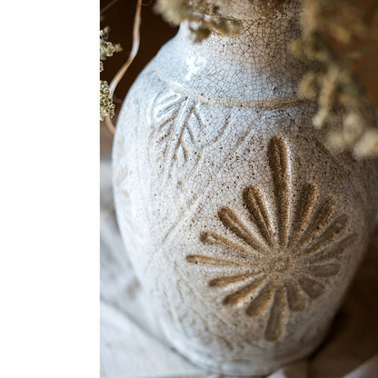Carved Floral Vase in White - -