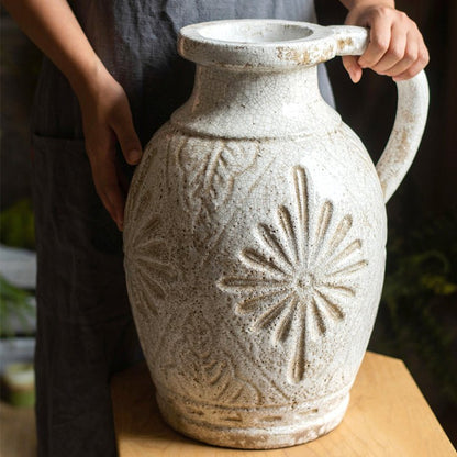 Carved Floral Vase in White - -