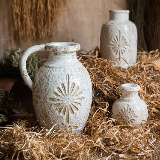 White Carved Floral Vase - - Vases
