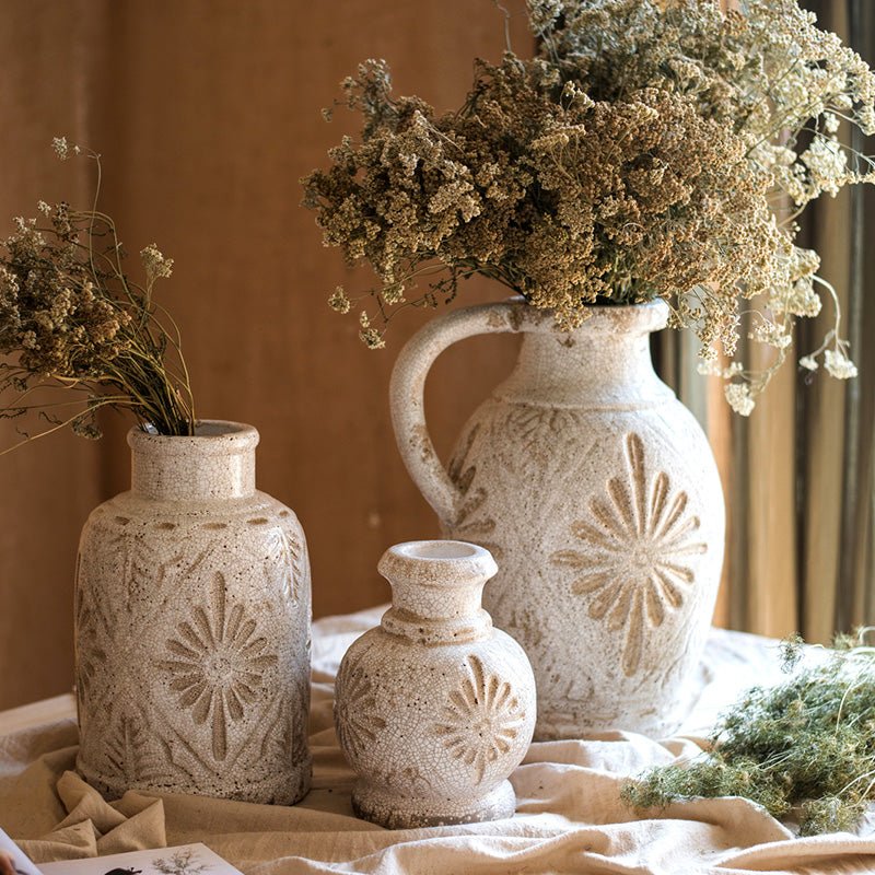Carved Floral Vase in White - -