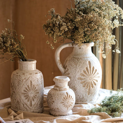 Carved Floral Vase in White - -