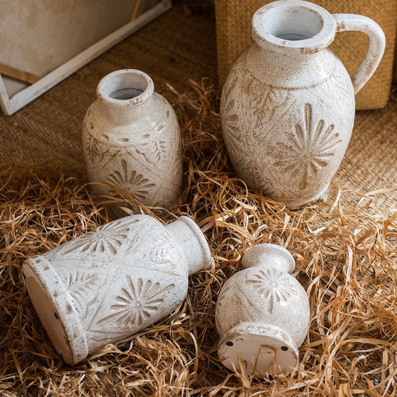 Carved Floral Vase in White - -