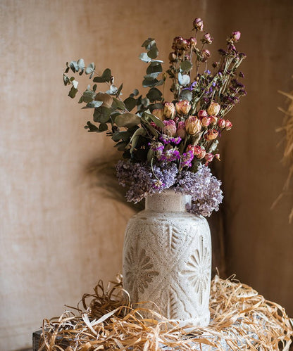Carved Floral Vase in White - -