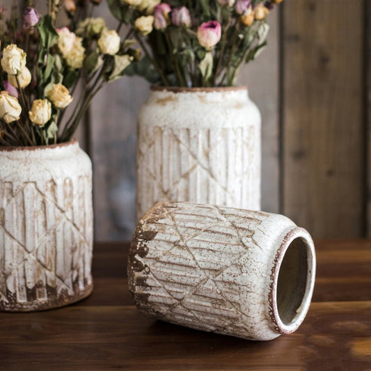 Distressed White Ceramic Flower Jar Vase - - vase