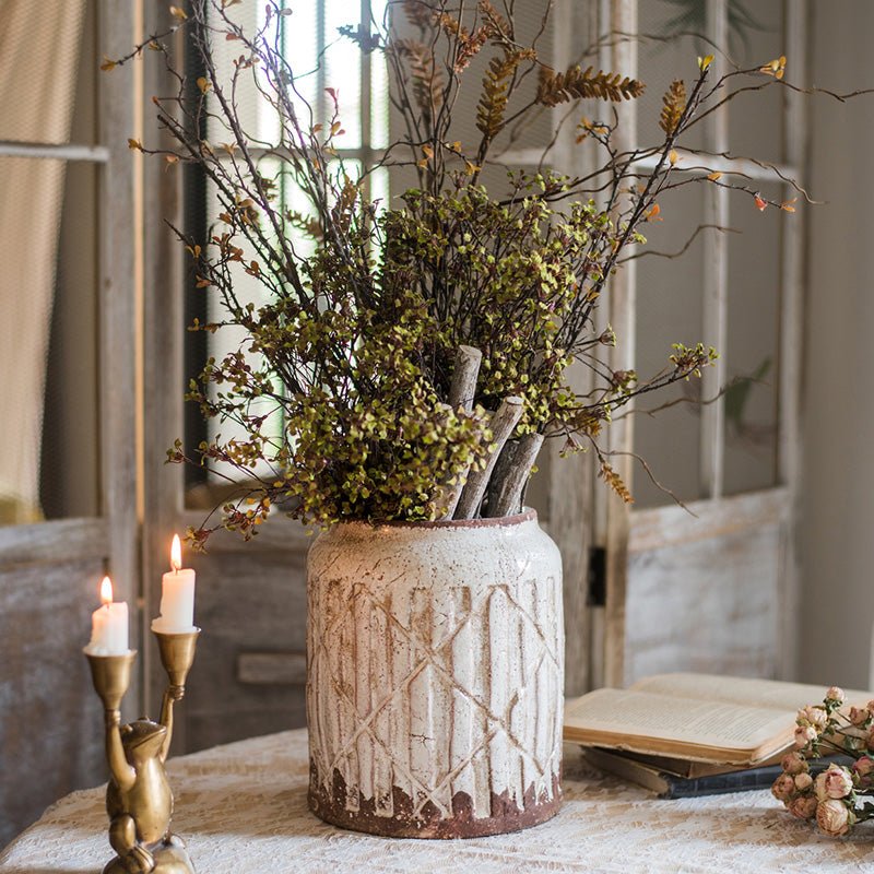 Distressed White Ceramic Flower Jar Vase - -