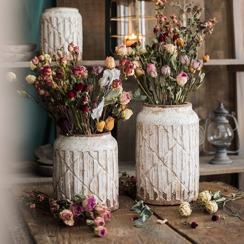 Distressed White Ceramic Flower Jar Vase - -
