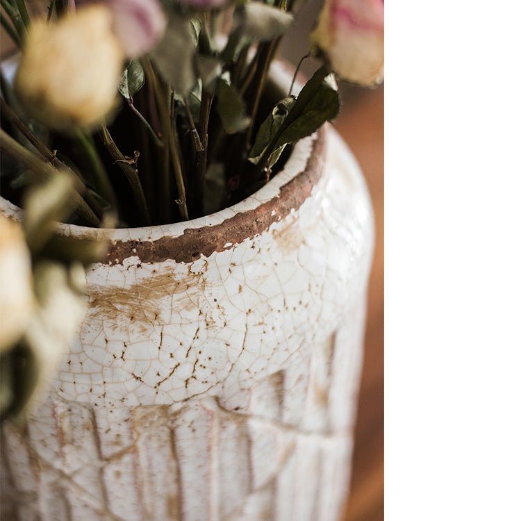 Distressed White Ceramic Flower Jar Vase - -