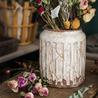 Distressed White Ceramic Flower Jar Vase - -
