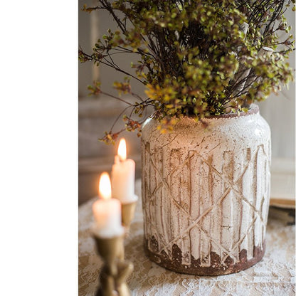 Distressed White Ceramic Flower Jar Vase - -