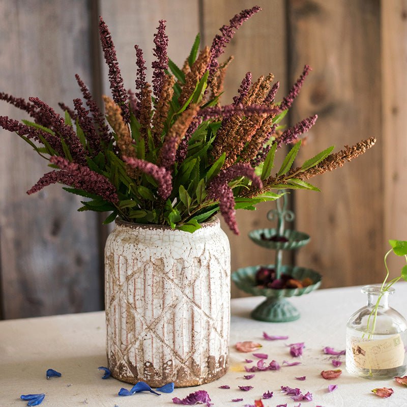 Distressed White Ceramic Flower Jar Vase - -