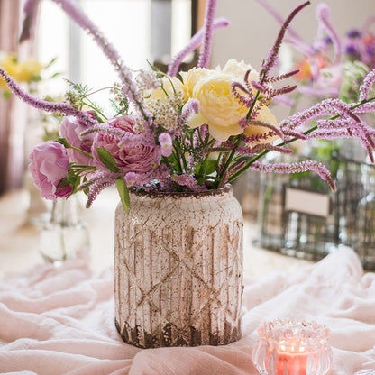 Distressed White Ceramic Flower Jar Vase - -