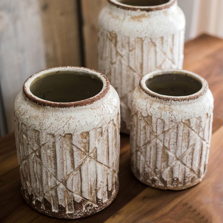 Distressed White Ceramic Flower Jar Vase - -