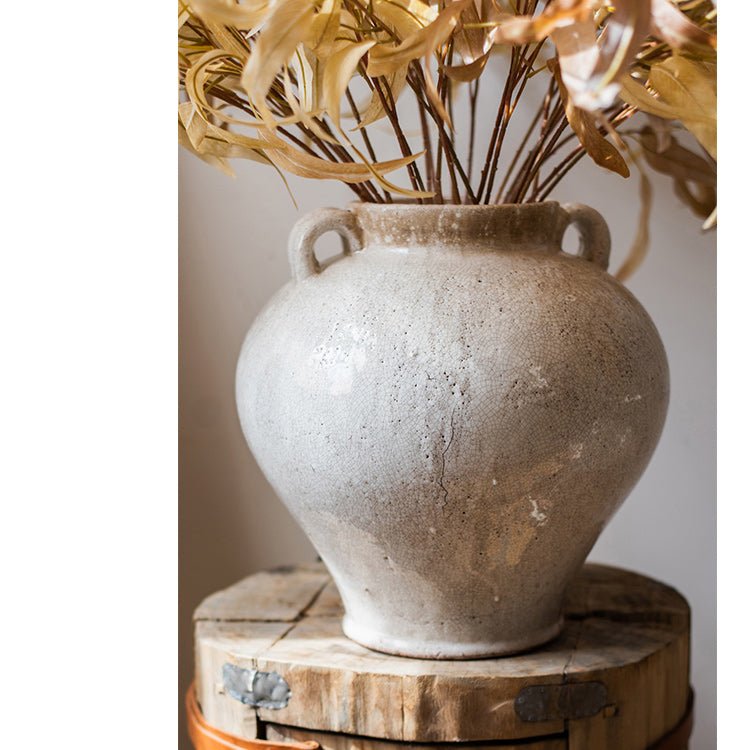 Large French Country White Ceramic Flower Vase - -