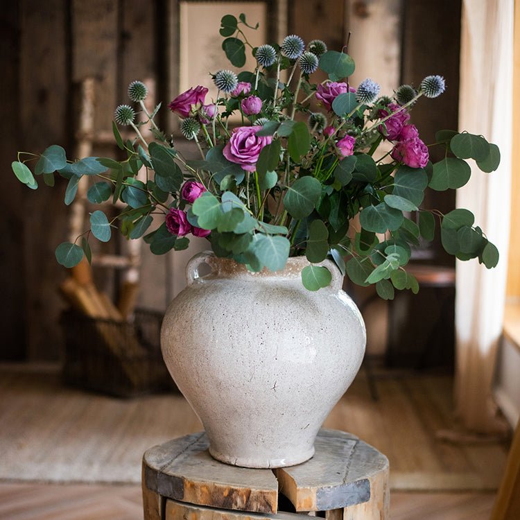 Large French Country White Ceramic Flower Vase - -