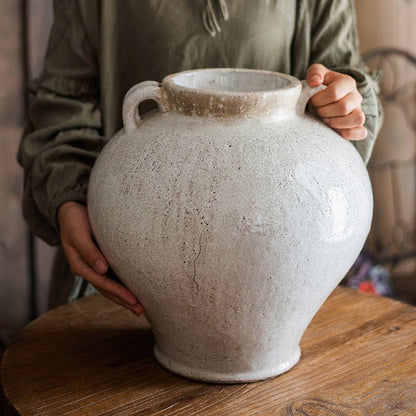 Large French Country White Ceramic Flower Vase - -