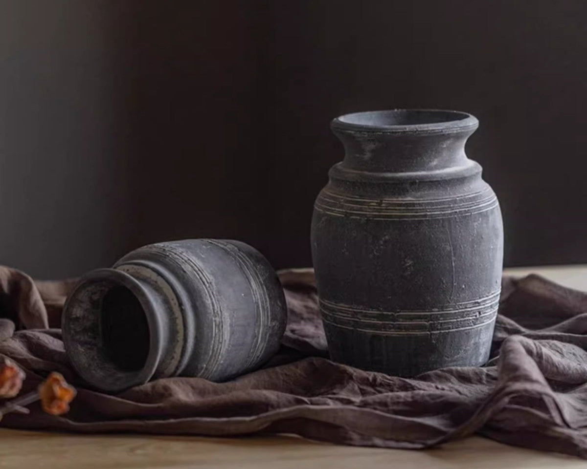 Handmade Gray Clay Pottery Vase - -