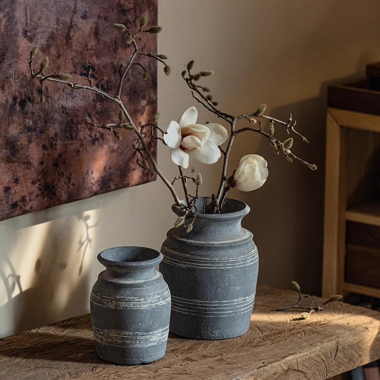 Handmade Gray Clay Pottery Vase - -