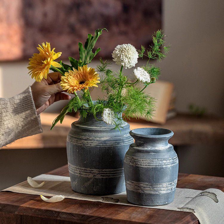 Handmade Gray Clay Pottery Vase - -