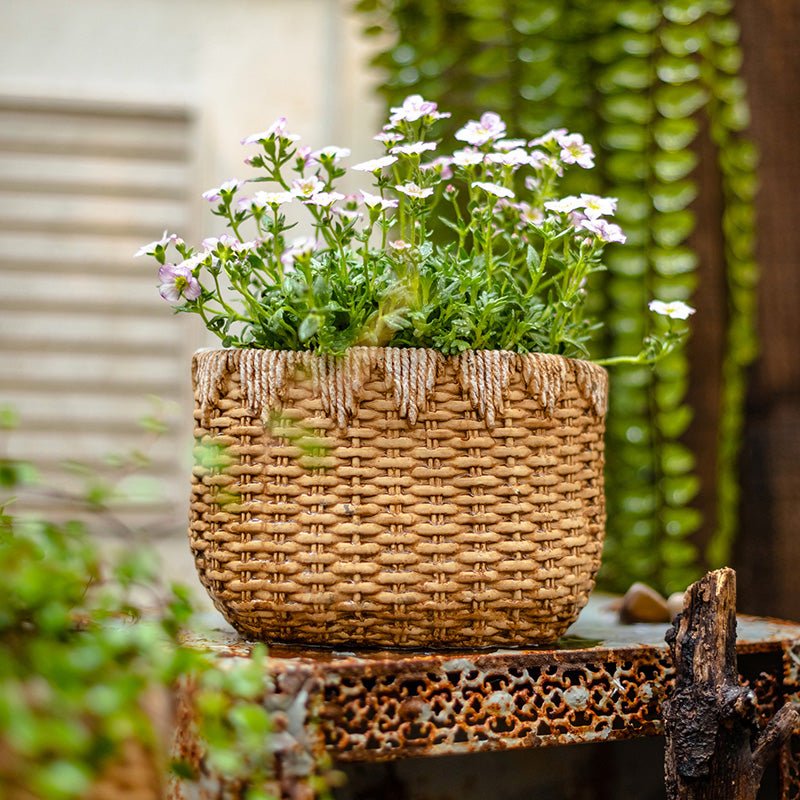 Lady Straw Basket Cement Planter - -