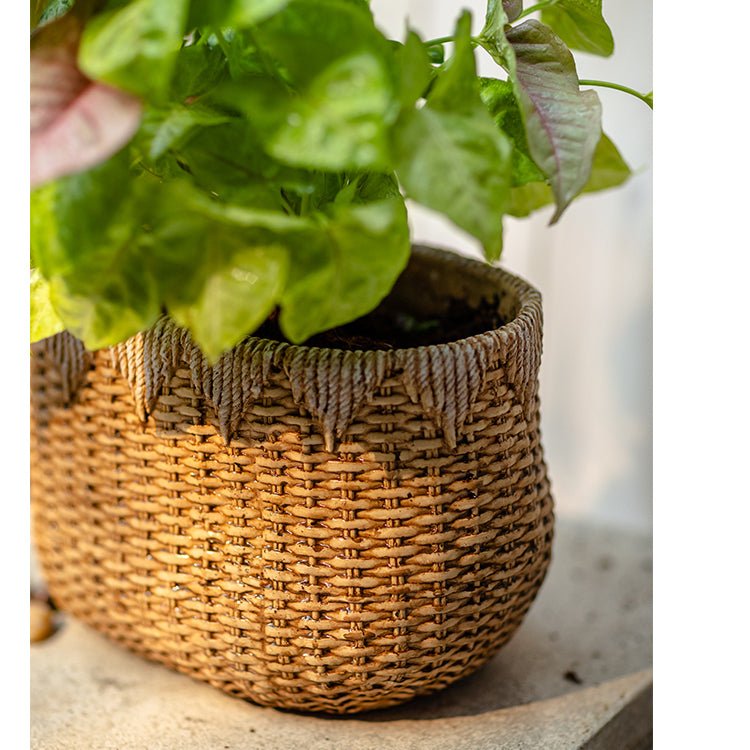 Lady Straw Basket Cement Planter - -