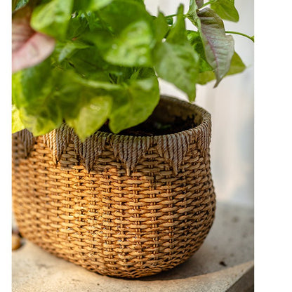 Lady Straw Basket Cement Planter - -
