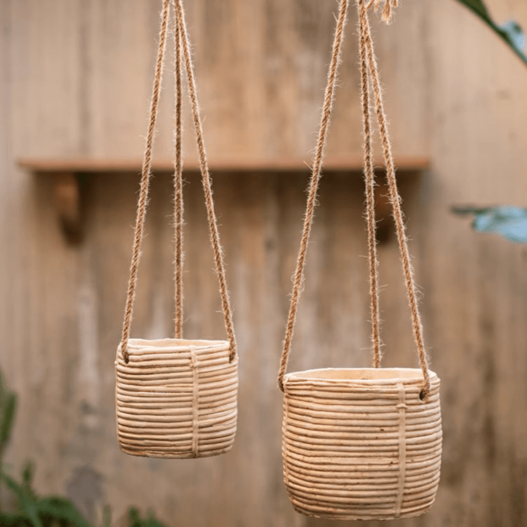 Faux Rattan Cement Hanging Planter - -