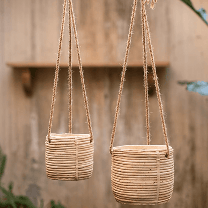 Faux Rattan Cement Hanging Planter - -