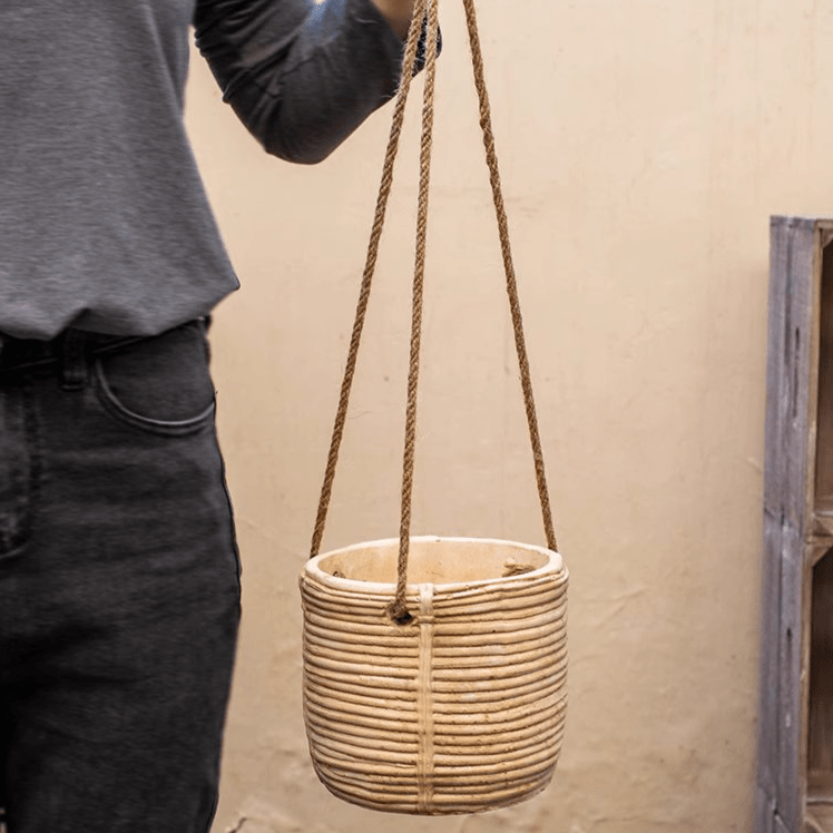 Faux Rattan Cement Hanging Planter - -