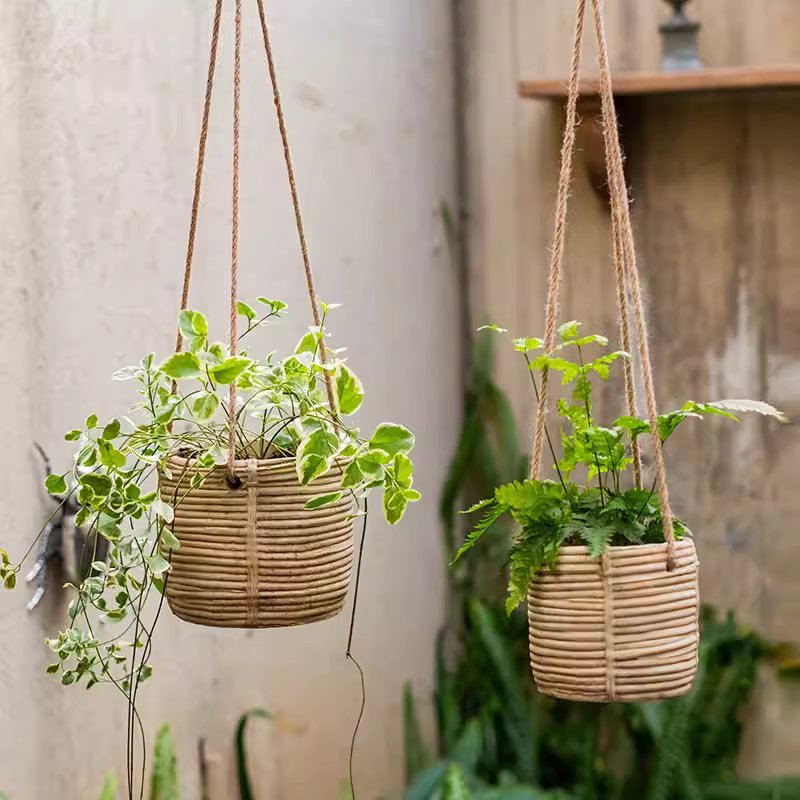 Faux Rattan Cement Hanging Planter - -