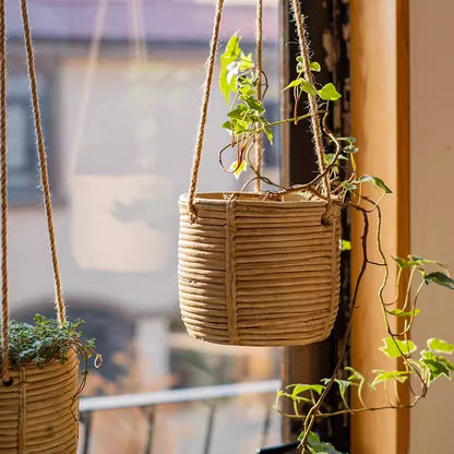 Faux Rattan Cement Hanging Planter - -