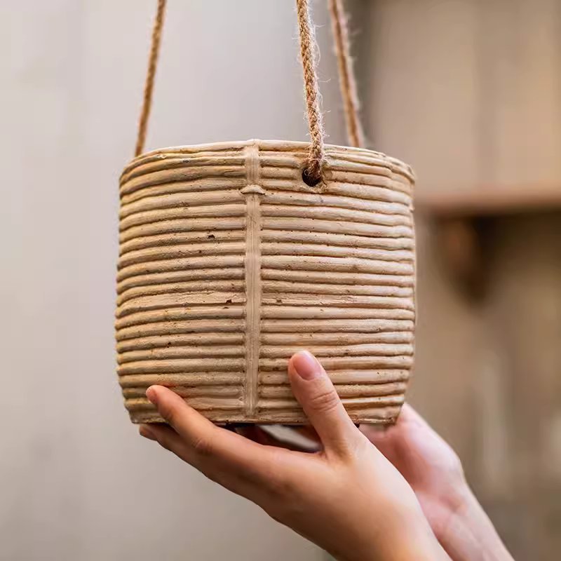 Faux Rattan Cement Hanging Planter - -