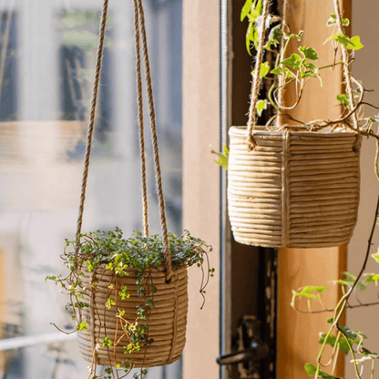 Faux Rattan Cement Hanging Planter - -