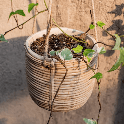 Faux Rattan Cement Hanging Planter - -