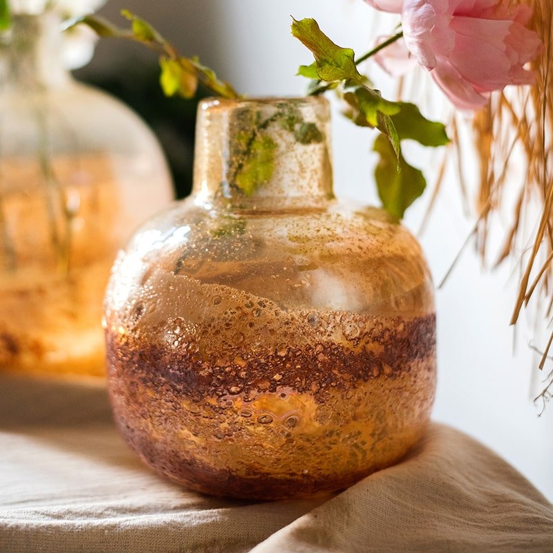 Hand Blown Bubble Glass Bud Vase Amber - -