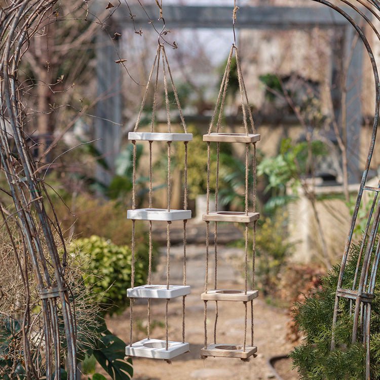Wooden Rope Hanging Plant Shelf - -