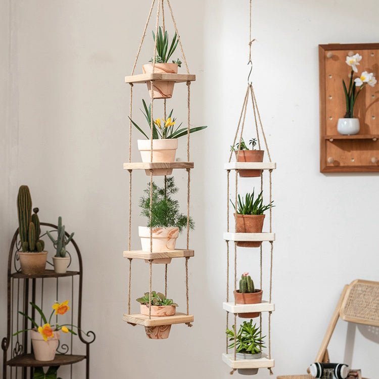 Wooden Rope Hanging Plant Shelf - -