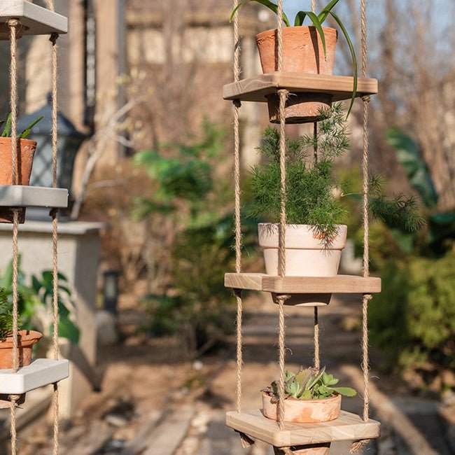 Wooden Rope Hanging Plant Shelf - -