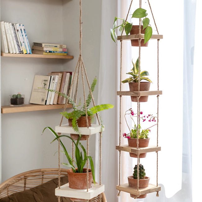 Wooden Rope Hanging Plant Shelf - -