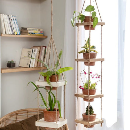 Wooden Rope Hanging Plant Shelf - -