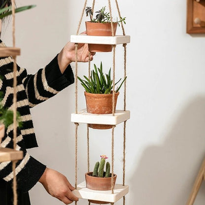 Wooden Rope Hanging Plant Shelf - White -