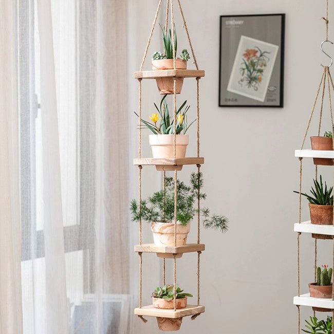 Wooden Rope Hanging Plant Shelf - -