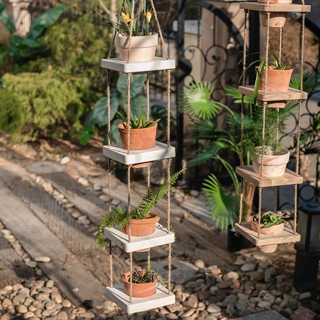 Wooden Rope Hanging Plant Shelf - -