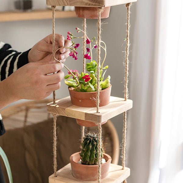 Wooden Rope Hanging Plant Shelf - -
