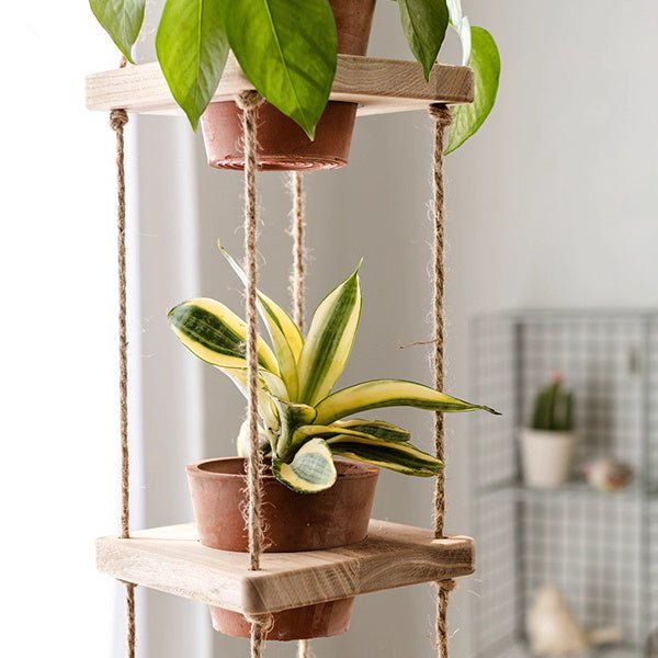 Wooden Rope Hanging Plant Shelf - -