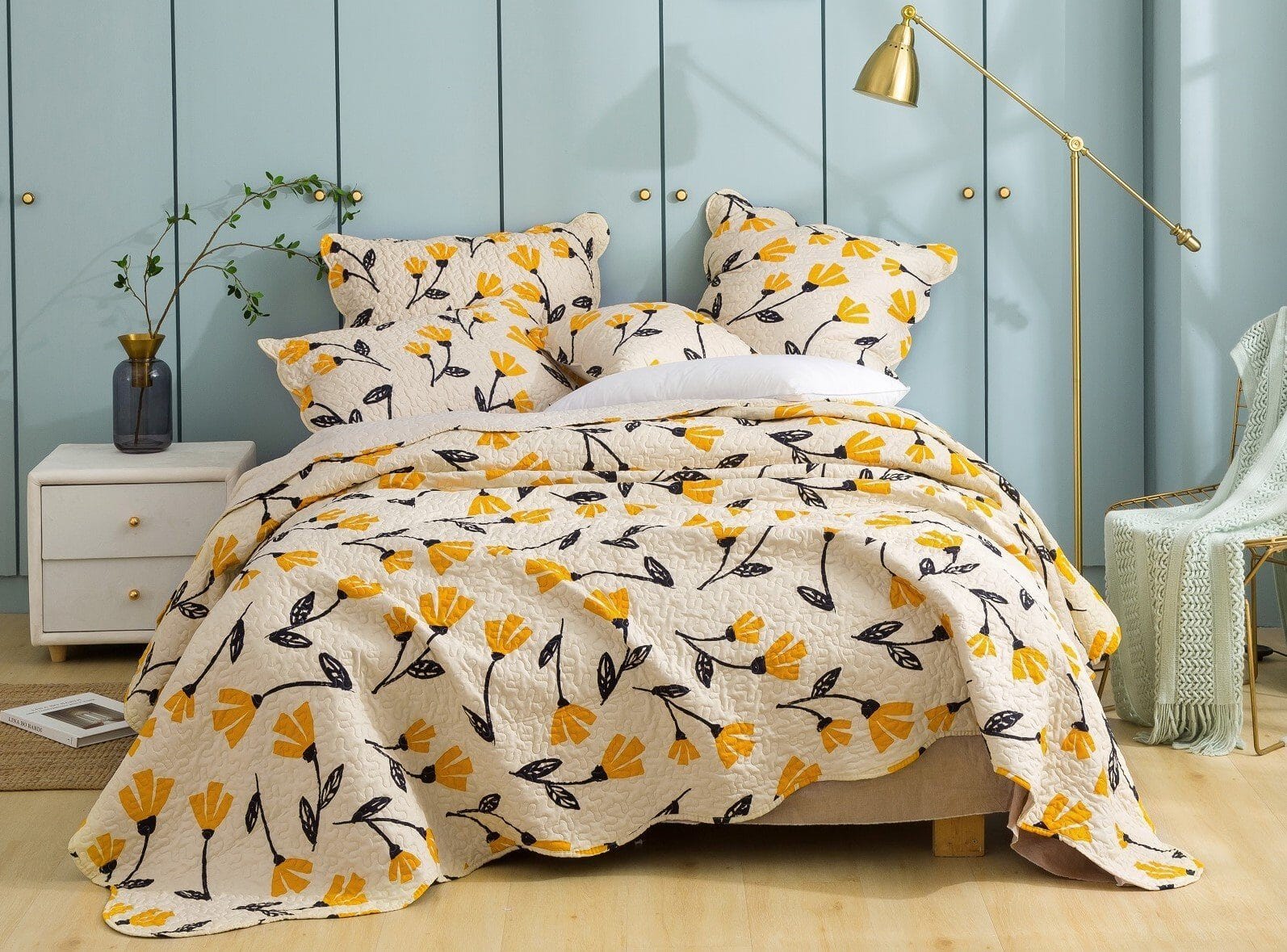 DaDa Bedding Yellow Fleur Floral Bed in a Bag Set - Ivory Botanical - - Bedspreads