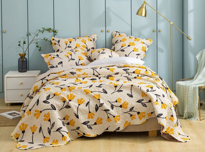 DaDa Bedding Yellow Fleur Floral Bed in a Bag Set - Ivory Botanical - - Bedspreads