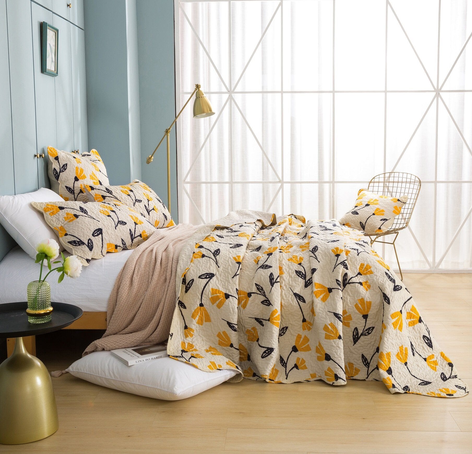 DaDa Bedding Yellow Fleur Floral Golden Orange Ivory Cream Scalloped Bedspread Set (18112)- DaDalogy Bedding Collection- {{Product type}}